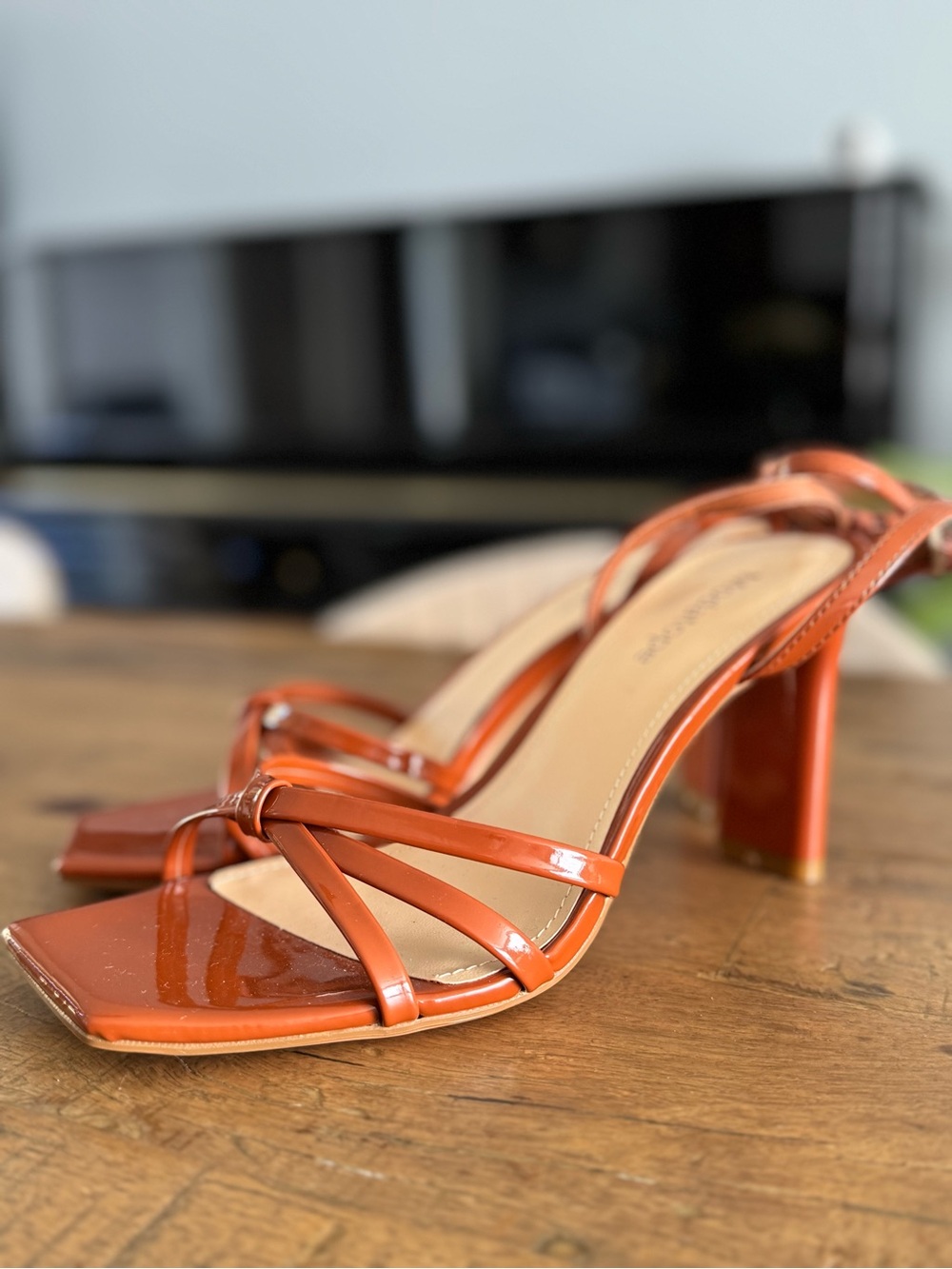 Orange Patent Strappy Block Heel Sandals - Women